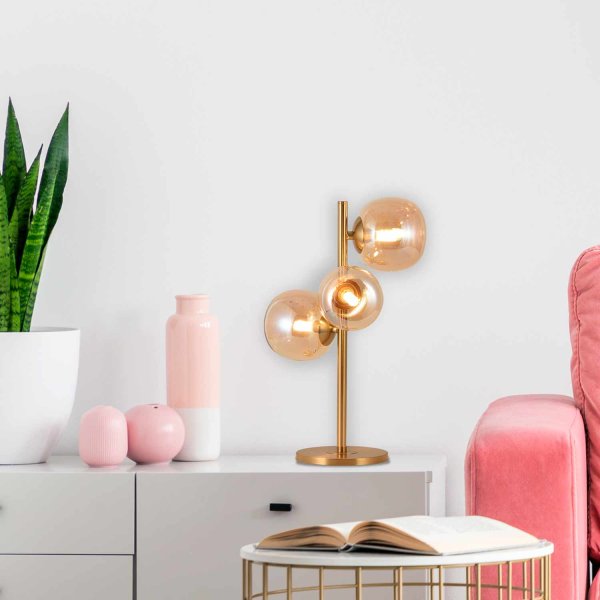 Lampe de table OKO 3 lumières ambre, lampe de chevet avec verres ambre chauds
